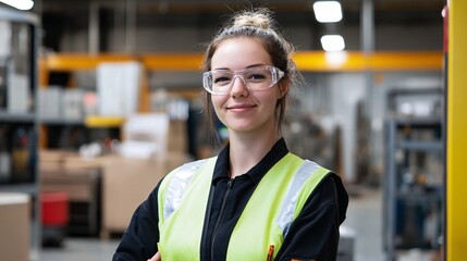 A confident female worker in a safety vest and glasses stands in a warehouse, showcasing professionalism and commitment to workplace safety.