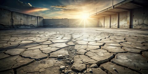 Sunlit Cracked Earth Within a Derelict Structure's Walls