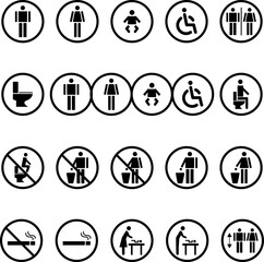 The set of public facility signs isolated on white background.Toilet icon set.