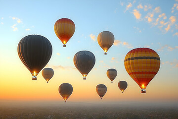 Obraz premium Colorful hot air balloons ascending at sunrise.