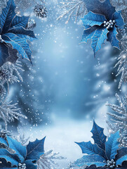 Festive Christmas wreath decorations frame A Winter Wonderland: Festive Blue Poinsettias and Silver Decorations Framing a Blank Center with Gentle Snow Falling in a Softly Blurred Background
