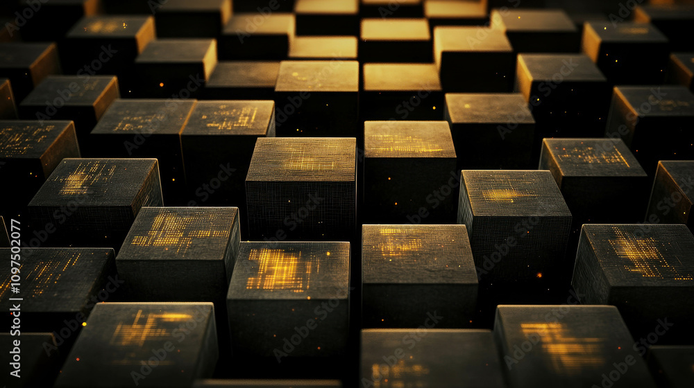 Poster abstract 3d grid of dark cubes with golden texture and light highlights