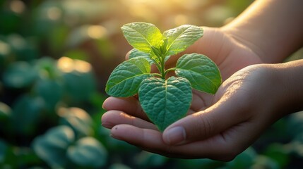 Hands Holding a Young Green Plant in Natural Environment During Sunrise, Representing Growth, Nature, and Sustainable Living Values in the Garden