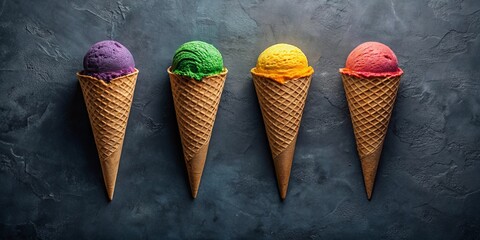 Four vibrant scoops of ice cream in waffle cones, arranged on a dark textured surface