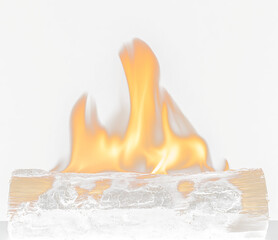 Burning log with vibrant flames against a black Transparent Background.