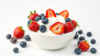 Fresh and creamy yogurt bowl adorned with ripe strawberries, blackberries, and blueberries, creamy texture, appetizing, succulent