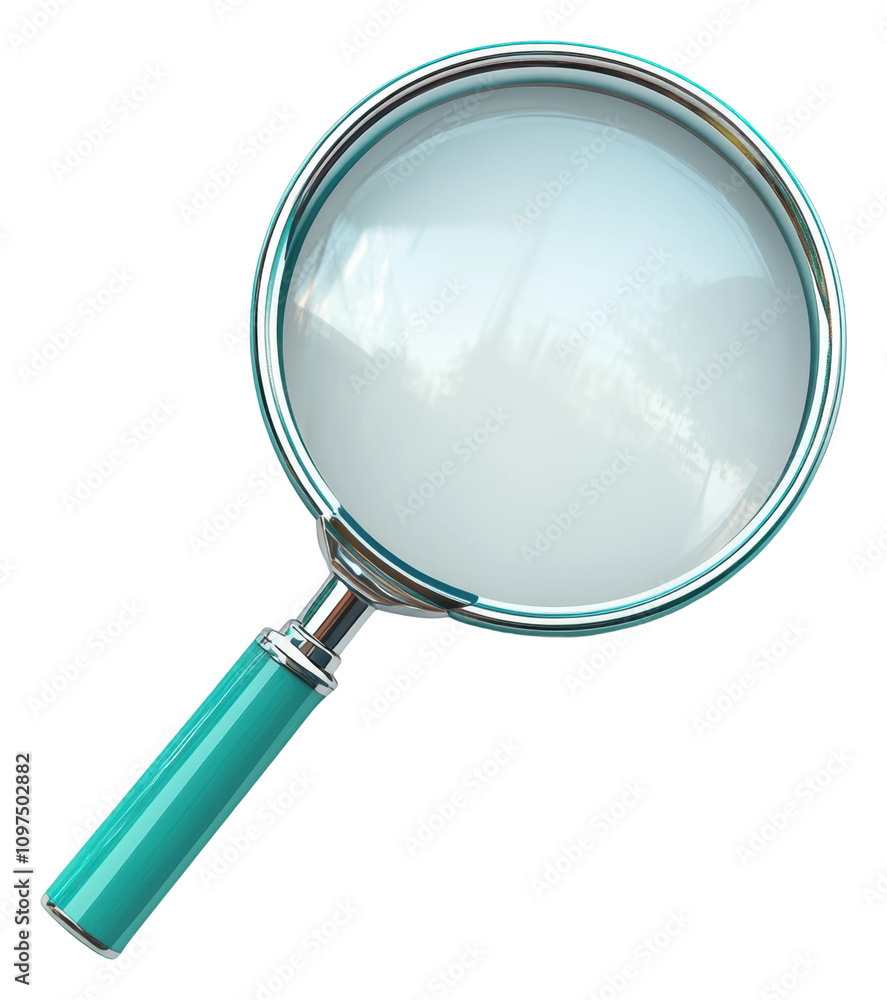 Poster explore information using a bright magnifying glass with a teal handle isolated on transparent backg