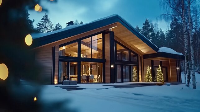 Luxury cottage exterior in Scandinavian style set aglow on a winter evening