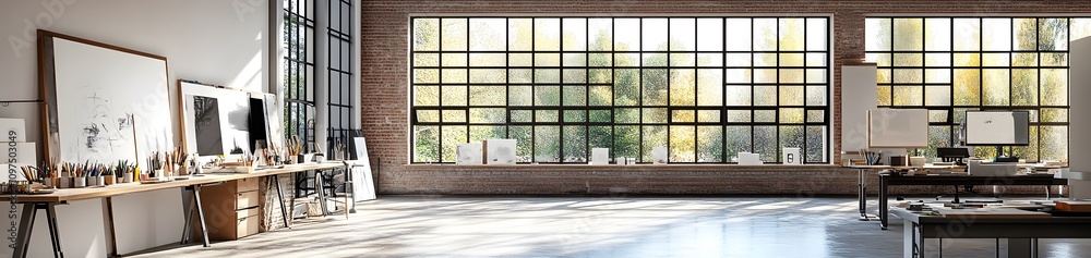 Aufkleber a spacious, modern workspace with large windows and minimalistic design.