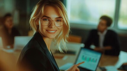 Empowered Businesswoman Presenting Insights with Charts: A Captivating Poster for Modern Workspaces, Inspiring Collaboration and Attention in Bright, Dynamic Environments.