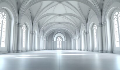Naklejka premium Inside an empty church with grey walls and a white ceiling, front view, architectural photography,