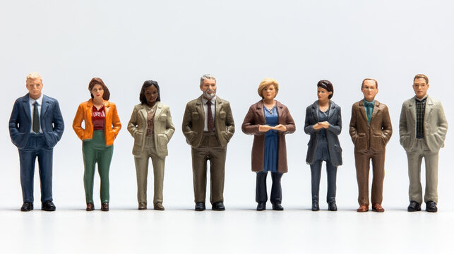 diverse group of miniature figurines representing men and women in professional attire, standing in row. They exhibit various expressions and styles, showcasing teamwork and collaboration