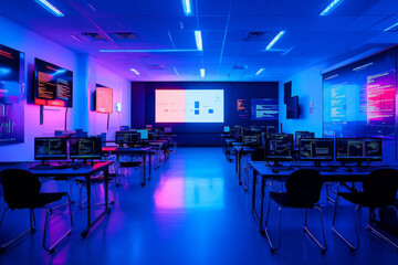 modern computer lab with multiple workstations, vibrant blue lighting, and digital displays showcasing code and data analysis. atmosphere is tech focused and innovative