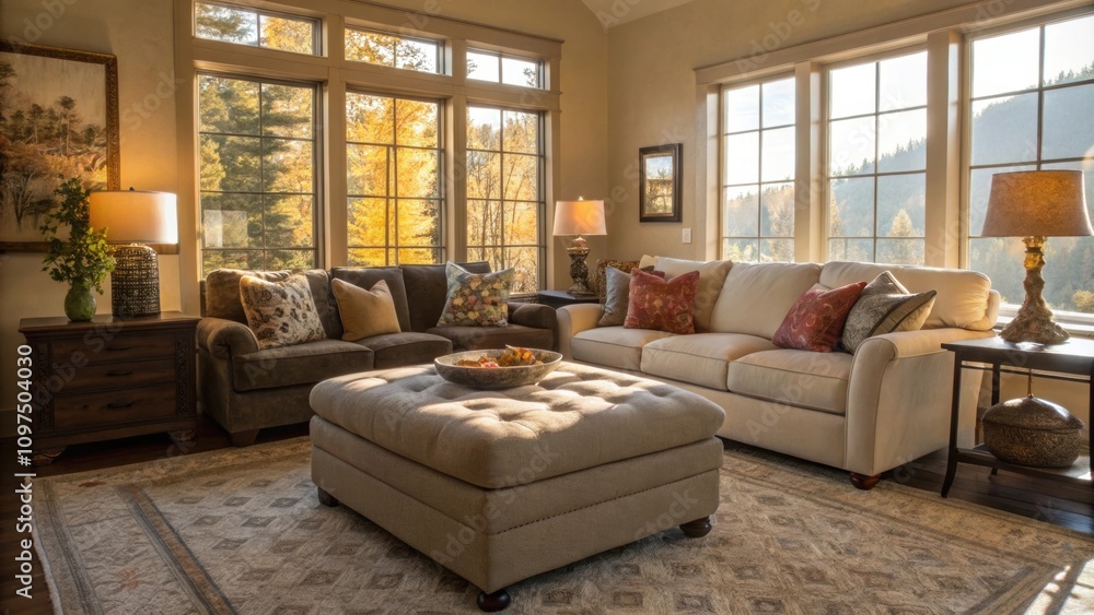 Poster sunlight filters through the large windows casting warm glows on the inviting seating arrangement wh