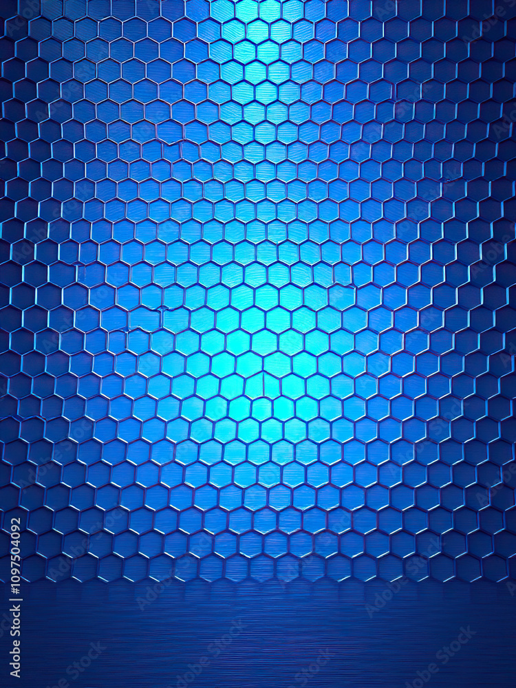 Poster geometric pattern of interconnected hexagons on a metallic surface illuminated by cool blue light, c
