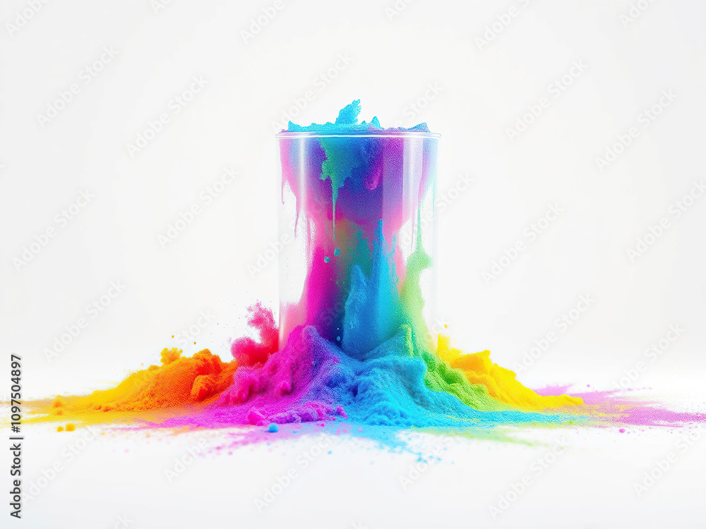 Poster colorful powders spilling out of a container onto an isolated white surface in a gradient pattern, c