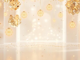 Glowing light emanating from delicate gold foil decorations in a serene environment, soothing atmosphere, gold foil, peaceful ambiance, glow