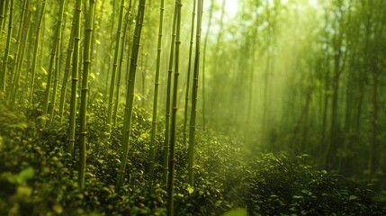Obraz premium Lush Bamboo Forest with Soft Green Light and Misty Atmosphere