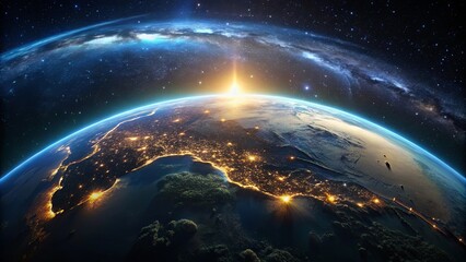 A breathtaking view of Earth from space, showcasing the vibrant glow of city lights against the backdrop of a majestic galaxy.