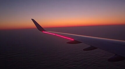 Fototapeta premium Airplane Wing at Sunset Over Calm Ocean with Colorful Horizon