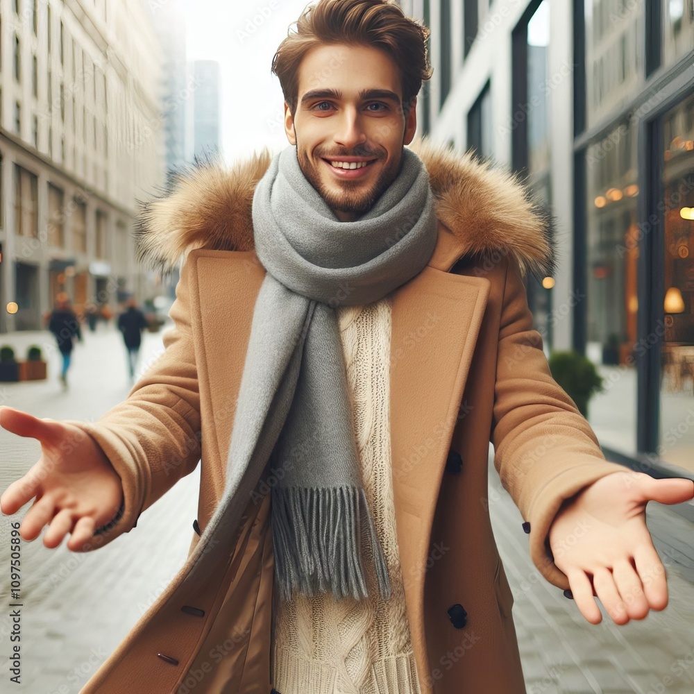 Aufkleber approaching warmth walking towards the camera with an open coat