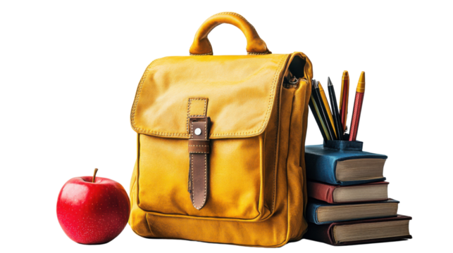 red school bag with school supplies on white background