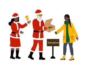 Holiday charity event featuring Santa and volunteers collecting donations