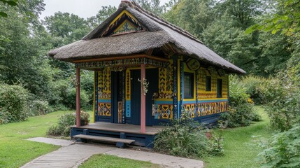 Naklejka premium Colorful Folk House Surrounded by Lush Greenery in Nature Setting