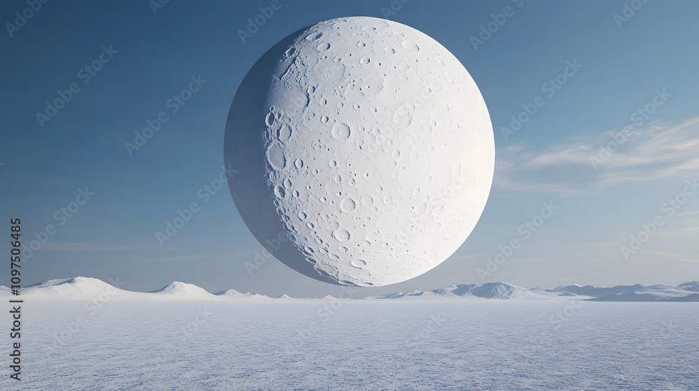 Poster a surreal landscape featuring a large moon hovering above a snowy terrain.