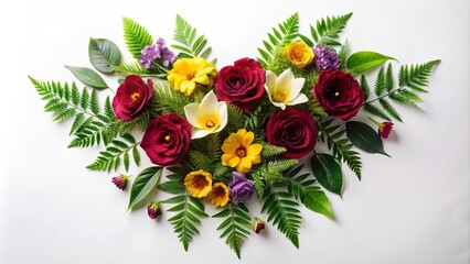 Heart-shaped floral arrangement with vibrant roses, lilies, and ferns, showcasing a delightful mix of colors and textures for a charming display.