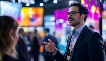 A group of business people are standing and talking at the booth during an industry conference. The focus is on one man with dark hair wearing glasses, 