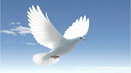 White Dove in Flight Against a Clear Blue Sky with Soft Clouds