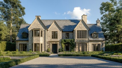 Fototapeta premium Luxurious Stone House Surrounded by Greenery and Blue Sky