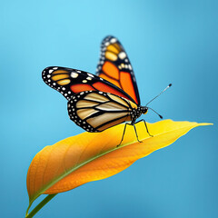 Fototapeta premium Delicate monarch butterfly on a leaf with contrasting colors, wildlife photography, insect life