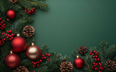 Festive arrangement of red and gold ornaments with pine branches, perfect for holiday marketing, Christmas cards, and cozy seasonal decor.