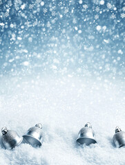 Festive Christmas wreath decorations frame Snowfall Background with Silver Bells on Snowy Surface Featuring Blank Space for Text in the Middle, Perfect for Holiday-Themed Designs and Greetings