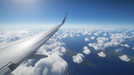 Fototapeta premium Spectacular Aerial View of Clouds and Island from Airplane Window