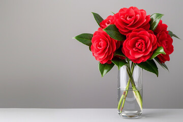 Vibrant Red Camellias in Glass Vase