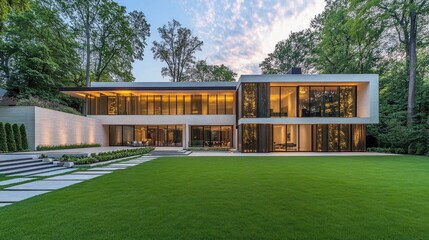 Fototapeta premium Modern Minimalist House Surrounded by Lush Green Landscape