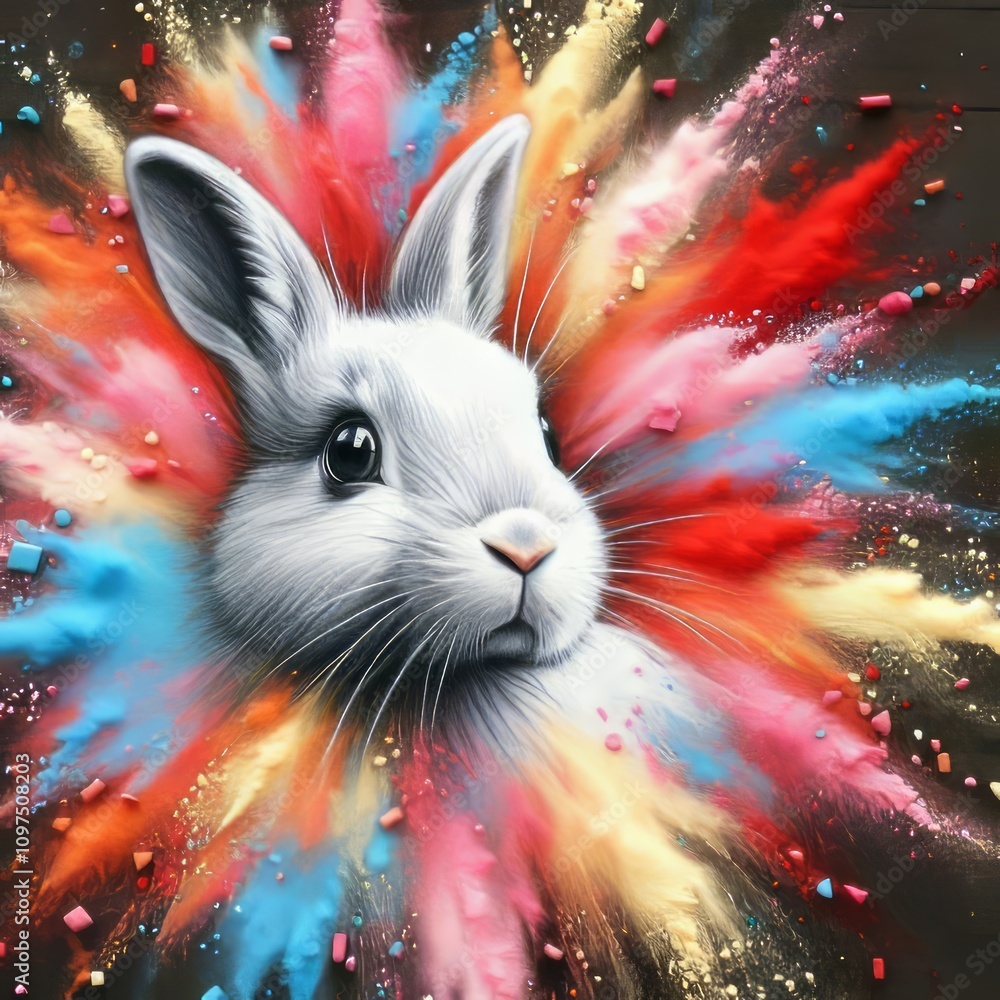 Poster chalk drawing of a rabbit exploding with a detailed a white rabb
