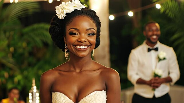 Smiling bride at an outdoor wedding reception surrounded by soft lights and greenery in a tropical setting