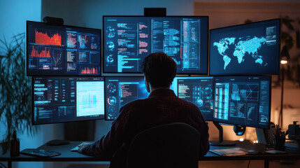 Cybersecurity expert monitoring global data networks in a high-tech control center
