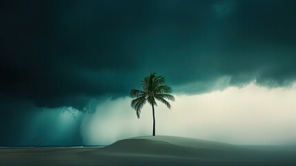 Obraz premium Isolated Palm Tree on Sandy Beach Under Dark Stormy Skies