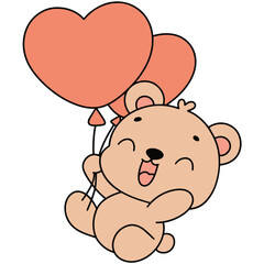 Adorable Valentine Bear with Heart-Shaped Balloons in Flat Vector Illustration
