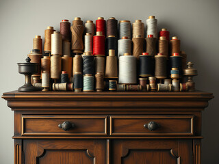 Elegant display of various spools of threads on a vintage cabinet, vintage, cabinet, hobby, display