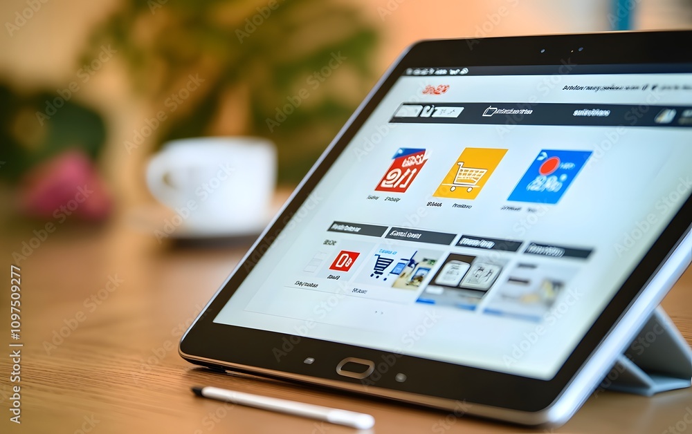 Poster a tablet displaying a digital interface with various app icons on a wooden table.