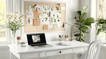 A stylish workspace with a corkboard, laptop, and plants, fostering creativity and organization.