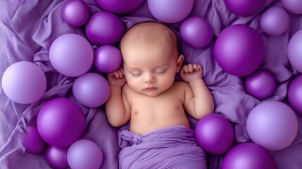 Obraz premium March of Dimes Birth Defects Prevention Month Peaceful infant sleeping among purple balloons and blankets