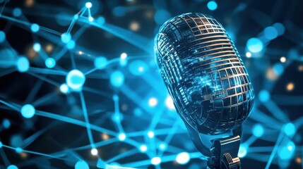 World Radio Day Vintage microphone with futuristic digital network background for media and communication design