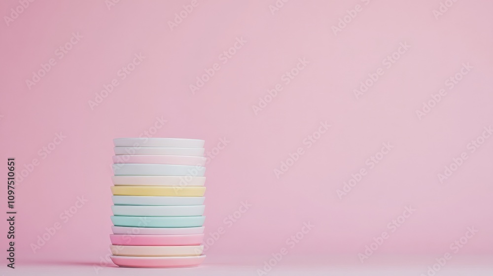 Poster pastel dream stack: a visually appealing stack of pastel-colored round objects against a soft pink b